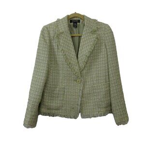 New York & Company Womens Blazer Sz 8 Green TWEED Long Sleeve One Button FRINGE